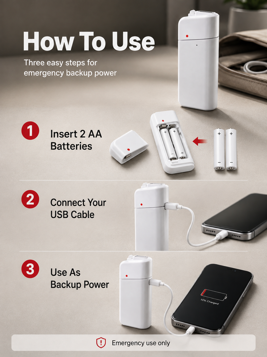 π Emergency Phone Charger β AA Battery Powered USB Backup with LED Flashlight