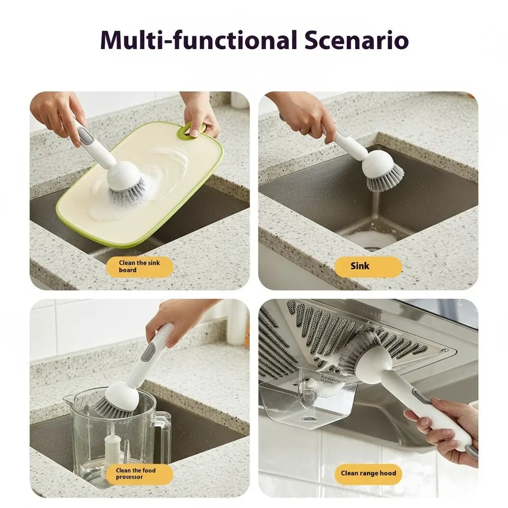 Kitchen Essentials🍽️6-in-1 Dish Brush with Detergent Dispenser 360° Rotating Scrubber
