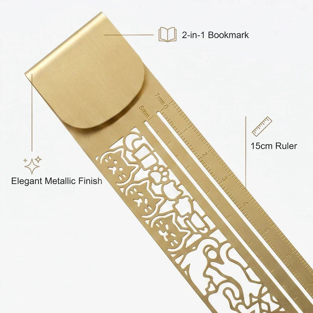 Cute Hollow Cat 2-in-1 Brass Bookmark Ruler
