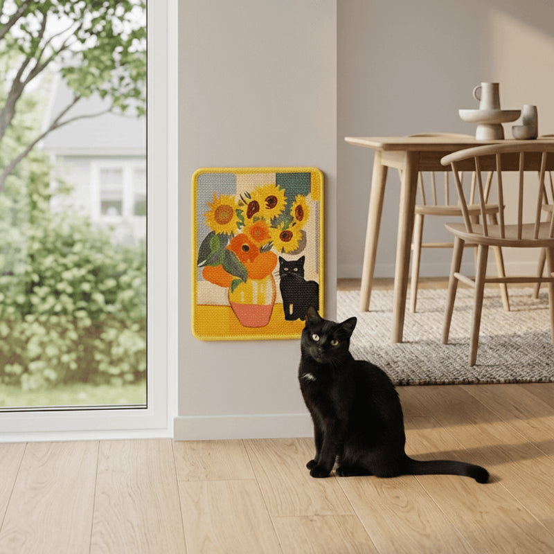 Black cat sitting on a wooden floor in a room with a wall art piece of sunflowers and a cat.