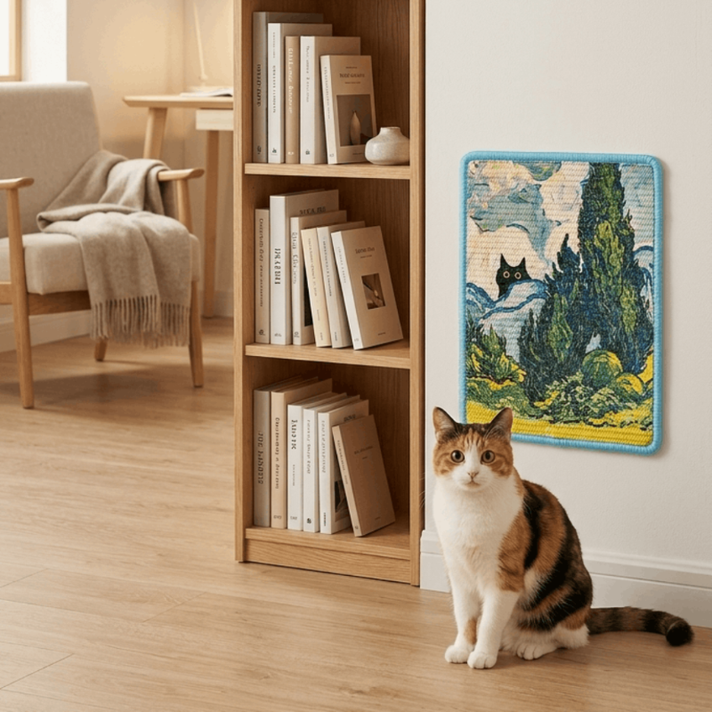 A calico cat sits on a light wood floor beside a wooden bookshelf and a framed landscape art print on a white wall in a bright, modern room.