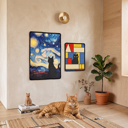 Two framed wall art prints hang on a beige wall in a styled room, with an orange tabby cat lying on a rug below. The left print is a black cat silhouette against a swirling blue and yellow Starry Night-inspired sky.
