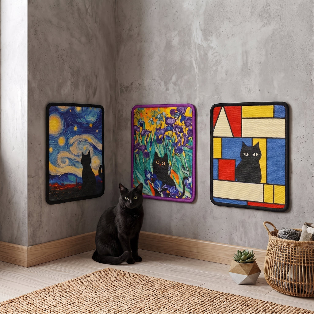 Three framed wall art prints featuring stylized black cats in colorful art designs are displayed on a gray concrete-look wall in a room corner, with a black cat sitting on the floor below them.
