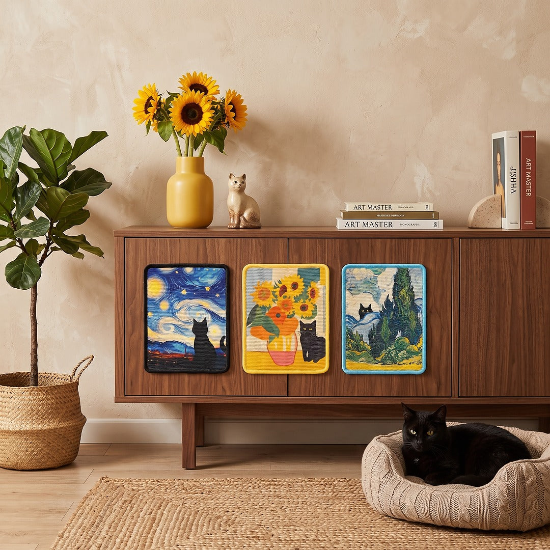 Three decorative art prints featuring Van Gogh-inspired designs (Starry Night, Sunflowers with a cat, and a blue landscape) displayed on a wooden cabinet in a cozy room setting with a cat resting in a bed nearby.