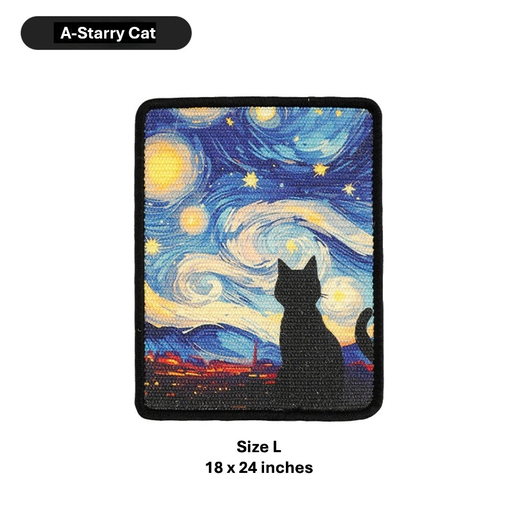 A rectangular embroidered patch with a black border, featuring a stylized cat silhouette in front of a swirling blue and yellow starry sky inspired by Van Gogh's Starry Night. The patch is shown on a white background with text labels indicating 'A-Starry Cat' and 'Size L 18 x 24 inches'.
