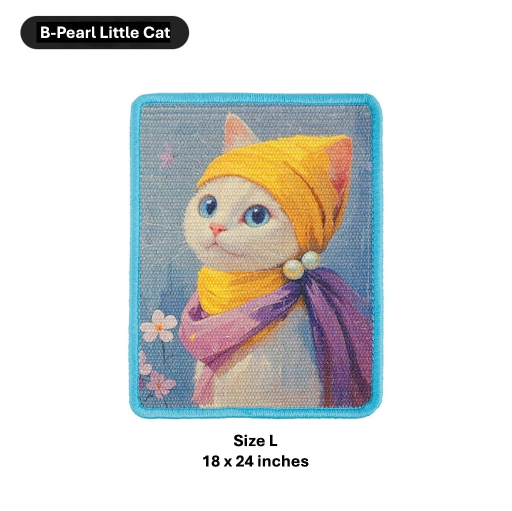 A rectangular embroidered patch featuring a white cat wearing a yellow bonnet and purple scarf, bordered in bright blue. Text labels read 'B-Pearl Little Cat' at the top and 'Size L 18 x 24 inches' at the bottom on a white background.