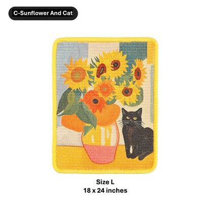 A square embroidered patch featuring a sunflower and cat design inspired by Van Gogh's style, with a yellow border. The patch is shown on a white background with text indicating 'C-Sunflower And Cat' and 'Size L 18 x 24 inches'.