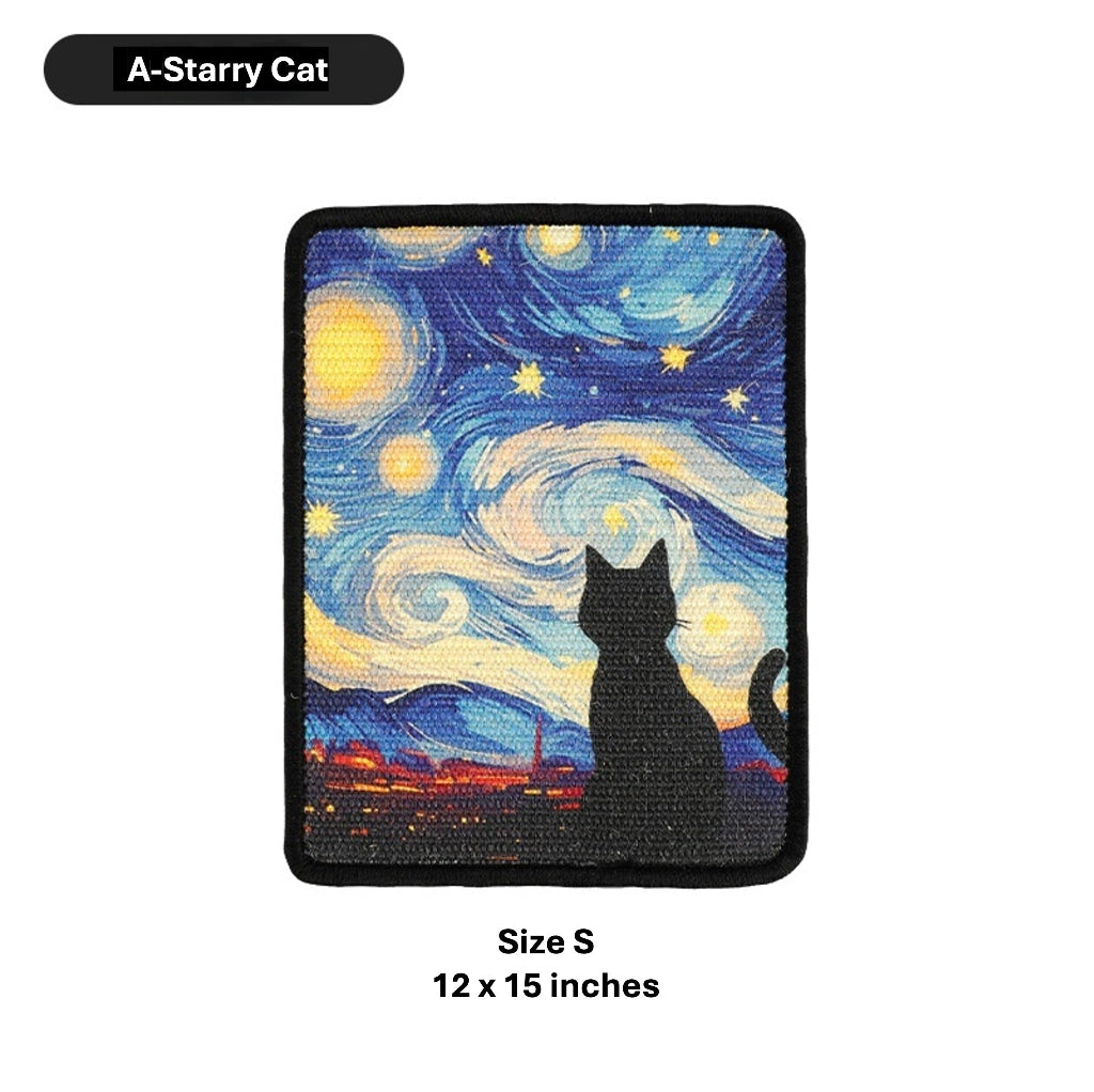 A rectangular embroidered patch with a black border featuring a cat silhouette in front of a swirling blue and yellow starry sky, with text labels reading 'A-Starry Cat' and 'Size S 12 x 15 inches' on a white background.