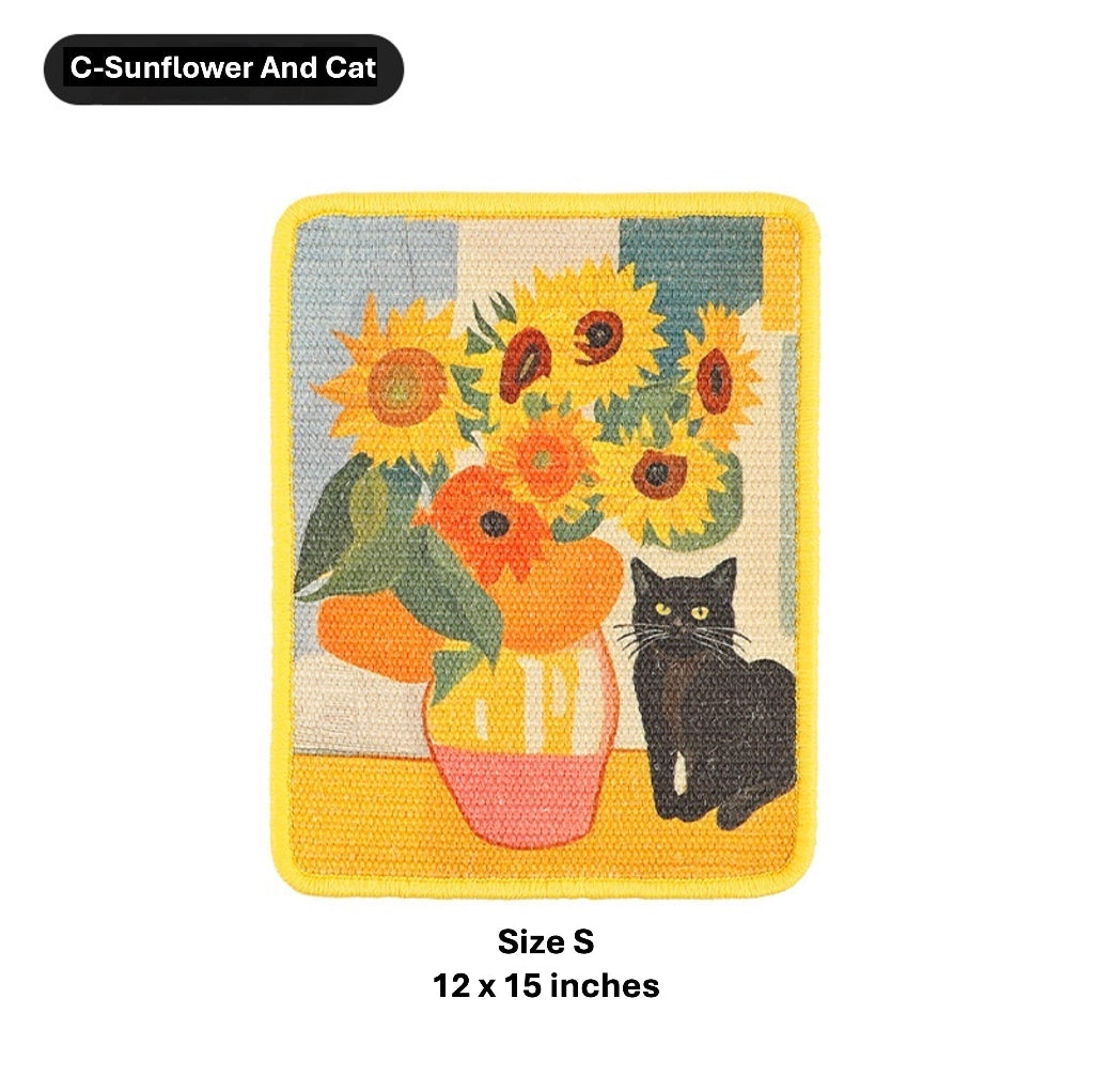 A square embroidered patch featuring a sunflower and cat design inspired by Van Gogh, with a yellow border. The patch is shown on a white background with text indicating 'C-Sunflower And Cat' and 'Size S 12 x 15 inches'.