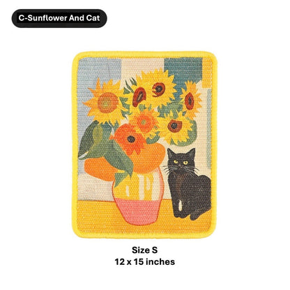 A square embroidered patch featuring a sunflower and cat design inspired by Van Gogh, with a yellow border. The patch is shown on a white background with text indicating 'C-Sunflower And Cat' and 'Size S 12 x 15 inches'.