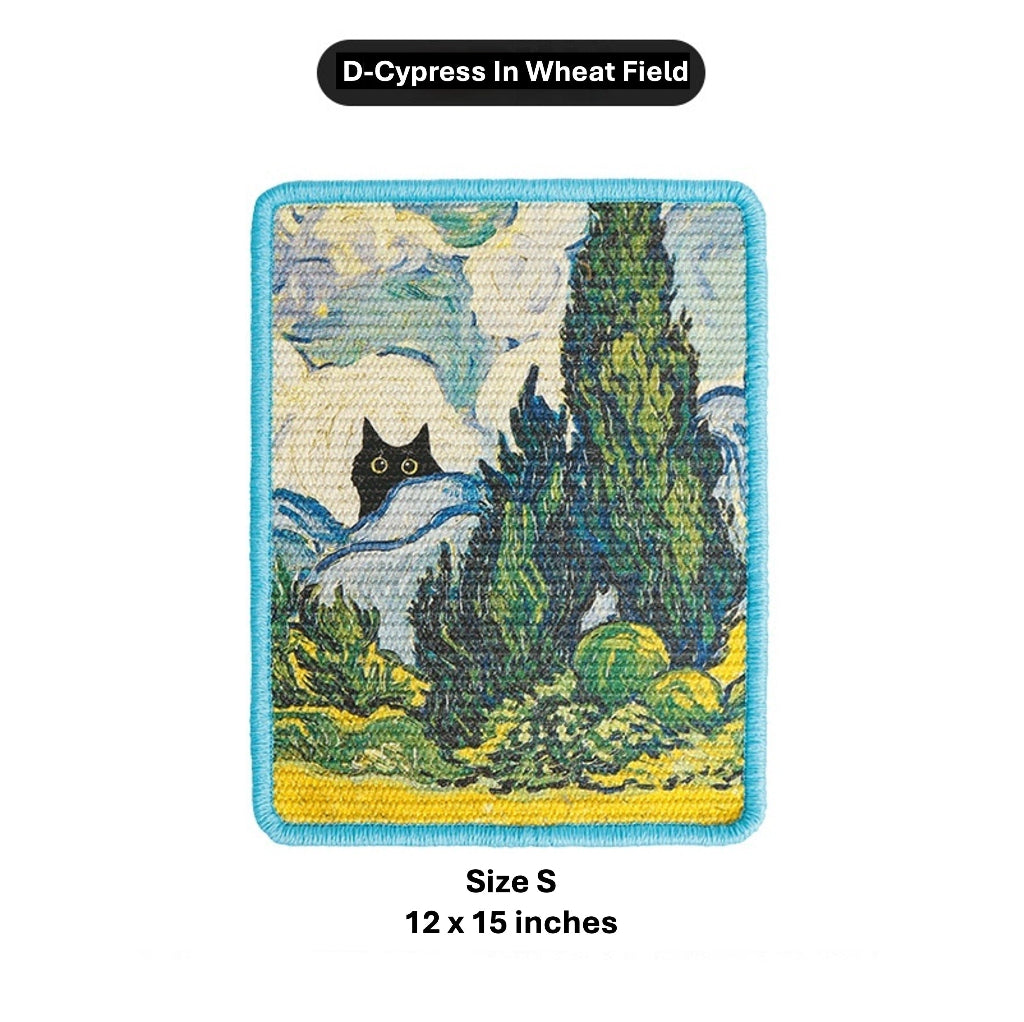 An embroidered patch featuring a black cat peeking from behind a tall green cypress tree in a stylized wheat field landscape, with a light blue stitched border. Text above reads 'D-Cypress In Wheat Field' and below reads 'Size S 12 x 15 inches' on a white background.