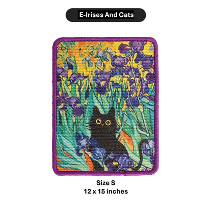 A rectangular embroidered patch featuring a black cat surrounded by purple irises on a white background, with text labels reading 'E-Irises And Cats' at the top and 'Size S 12 x 15 inches' at the bottom.