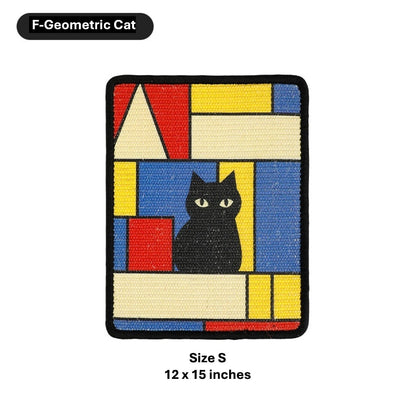 A rectangular woven patch with a black cat centered over a geometric block pattern in red, yellow, blue, cream, and black. The patch is shown on a white background with the text 'F-Geometric Cat' at the top and 'Size S 12 x 15 inches' at the bottom.
