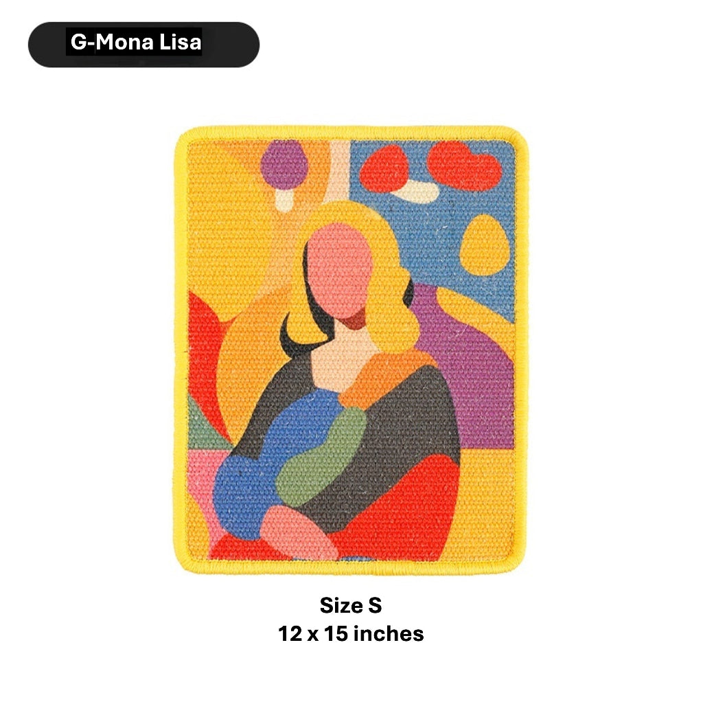 A rectangular embroidered patch featuring an abstract Mona Lisa design in multiple colors, with a yellow border. The patch is shown on a white background with text labels indicating 'G-Mona Lisa' and 'Size S 12 x 15 inches'.