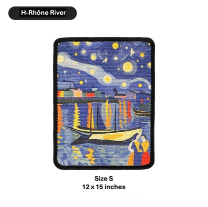 A rectangular embroidered patch featuring a stylized H-Rhöne River scene inspired by Van Gogh's Starry Night, with a black border on a white background. Text labels indicate 'H-Rhöne River' at the top and 'Size S 12 x 15 inches' at the bottom.