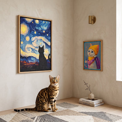 A styled interior scene with a Bengal cat sitting on a patterned rug in front of a framed art print inspired by Van Gogh's Starry Night, with a second framed cat portrait on the adjacent wall.