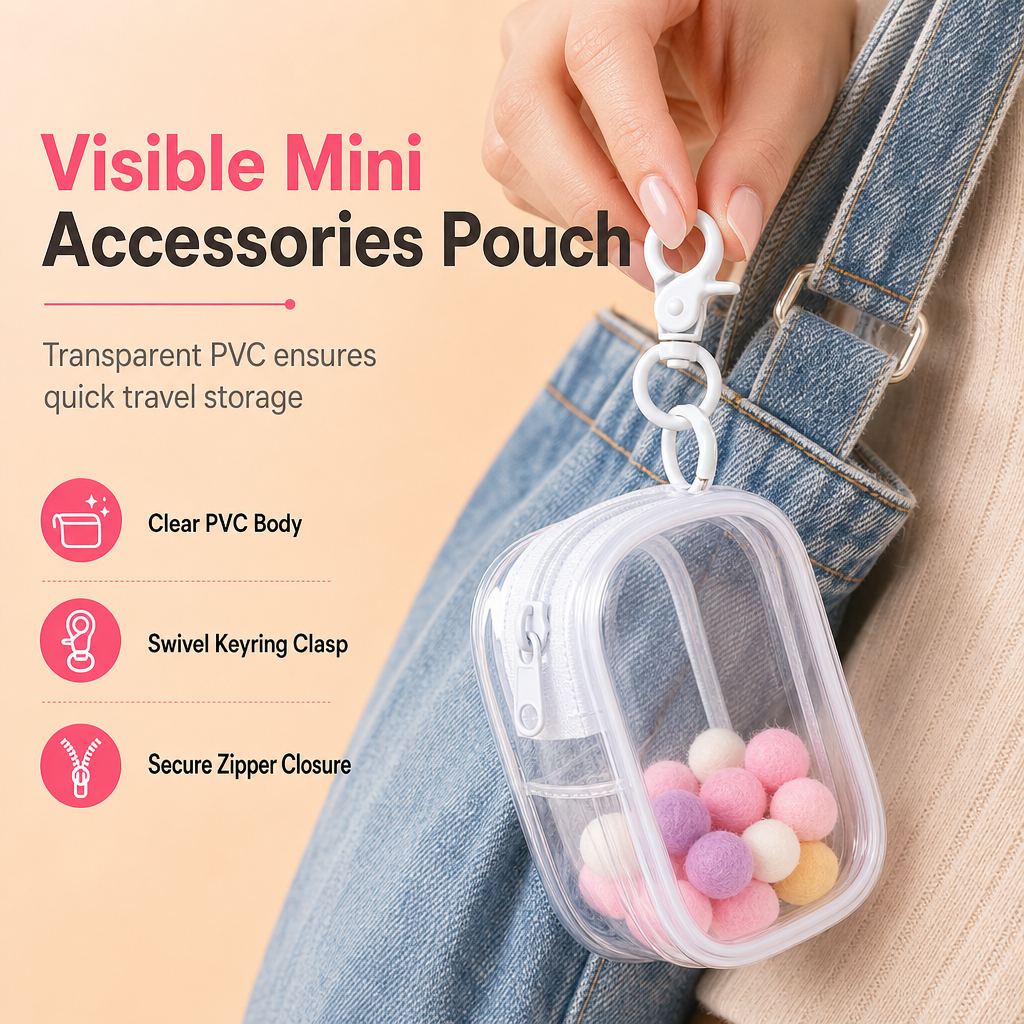 👛Visible Mini Transparent Accessories Pouch – Clear PVC Clip-On Zipper Storage Bag, Portable Keychain Mini Case for Small Gadgets & Tiny Items