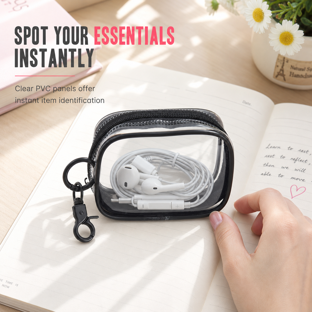 👛Visible Mini Transparent Accessories Pouch – Clear PVC Clip-On Zipper Storage Bag, Portable Keychain Mini Case for Small Gadgets & Tiny Items